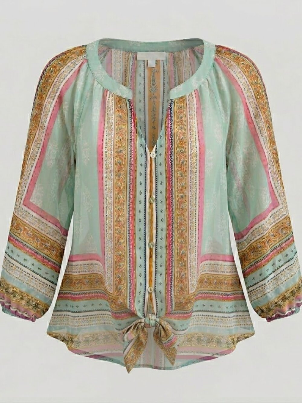 Vintage Style Pastel Boho Tie Front Blouse Mint & Pink Floral Panel